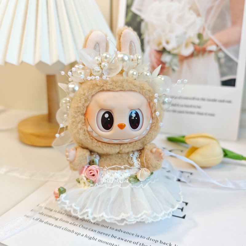 labubu娃衣拉布布衣服一二三代坐站姿珍珠缎面婚纱裙玫瑰花纱纱裙|undefined