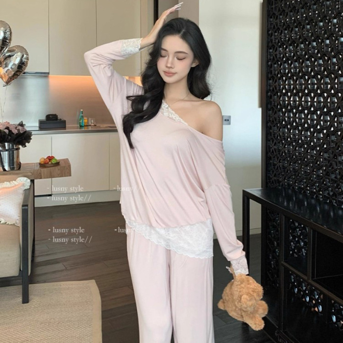 法式莫代尔睡衣女春秋套头长袖长裤露肩温柔蕾丝纯欲风家居服套装|undefined