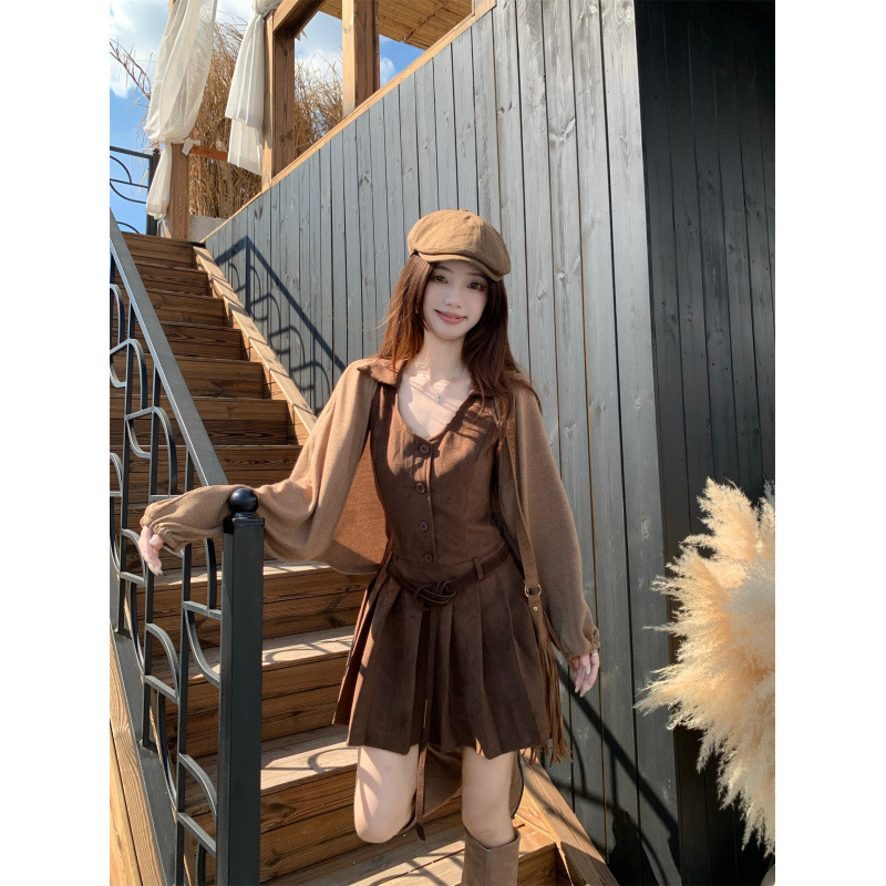 美拉德辣妹显瘦领背心皮绒百褶连衣裙+蝙蝠袖针织开衫两件套女|undefined