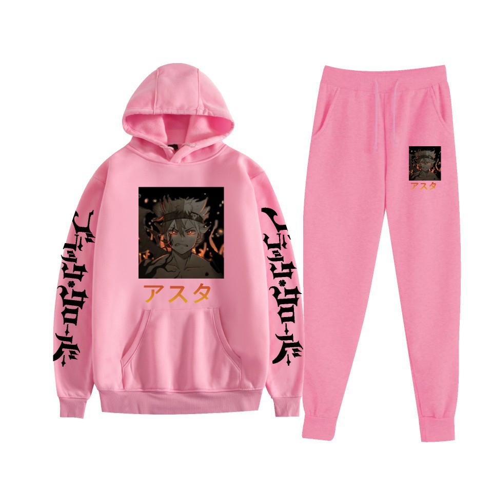 Traje de suéter con capucha suelto de dos piezas de trébol de cuatro hojas negro para hombres y mujeres con estampado de letras nuevas transfronterizas