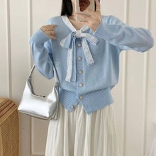 法式气质蕾丝拼接蝴蝶结长袖针织开衫女秋冬季新款毛衣小香风上衣