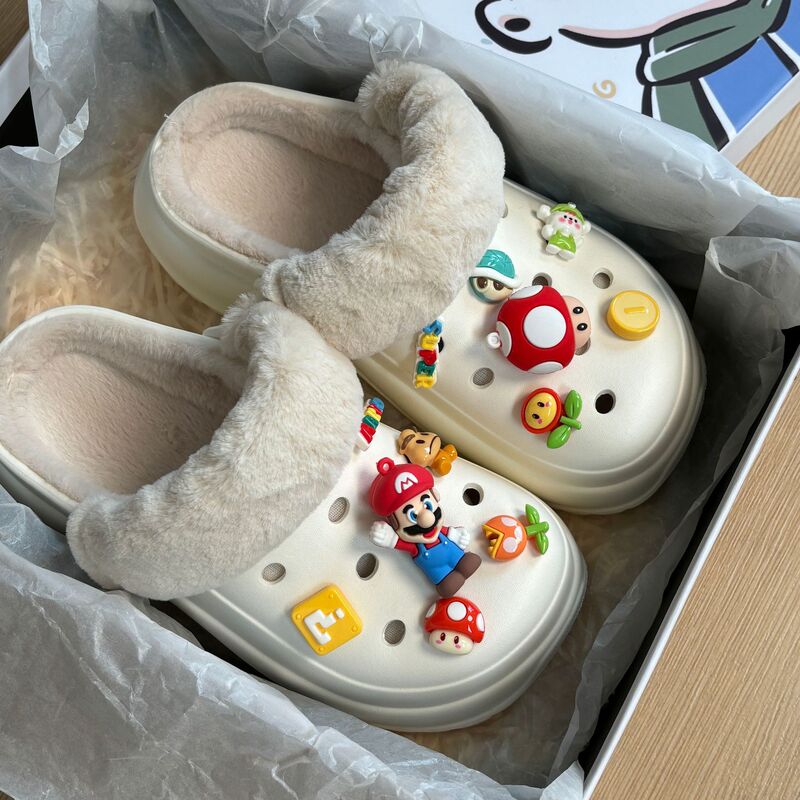 Plush Cave Shoes Women's Winter Outer Wear Non-slip Thick Sole Height-increasing Cotton Slippers fleece-lined Shoes Warm Cotton Shoes