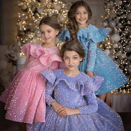 跨境女童礼服长袖亮片公主裙蓬蓬纱儿童生日周岁主持人新年礼服