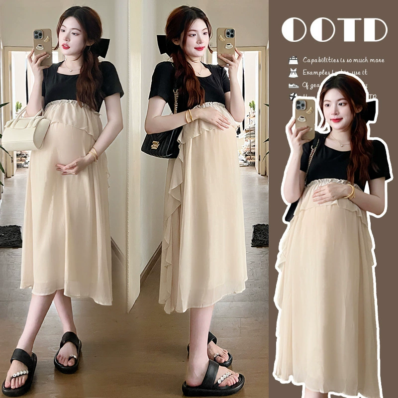 Одежда для беременных 2025 летняя новая маленькая корейская модная футболка сетка сращивание средней и длинной одежды для беременных