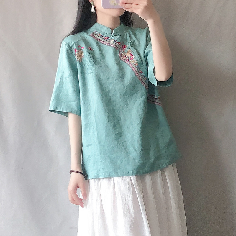 Ethnic Style Embroidered Button-Down Shirt 2026 Summer New Short-Sleeve Top Cotton Linen Artistic Retro Tea Dress Plus Size Women's Clothing