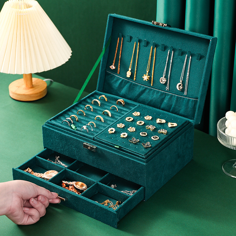 大容量绒面首饰收纳盒女耳钉耳环多功能首饰盒项链戒指礼物饰品盒