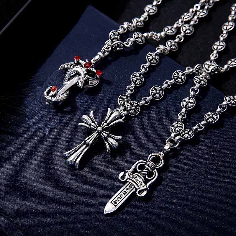 Fashionable Retro Silver European and American Hairstylist's Same Style Electroplated Silver Big Sword Pendant Cross Pendant Old Trendy Accessories