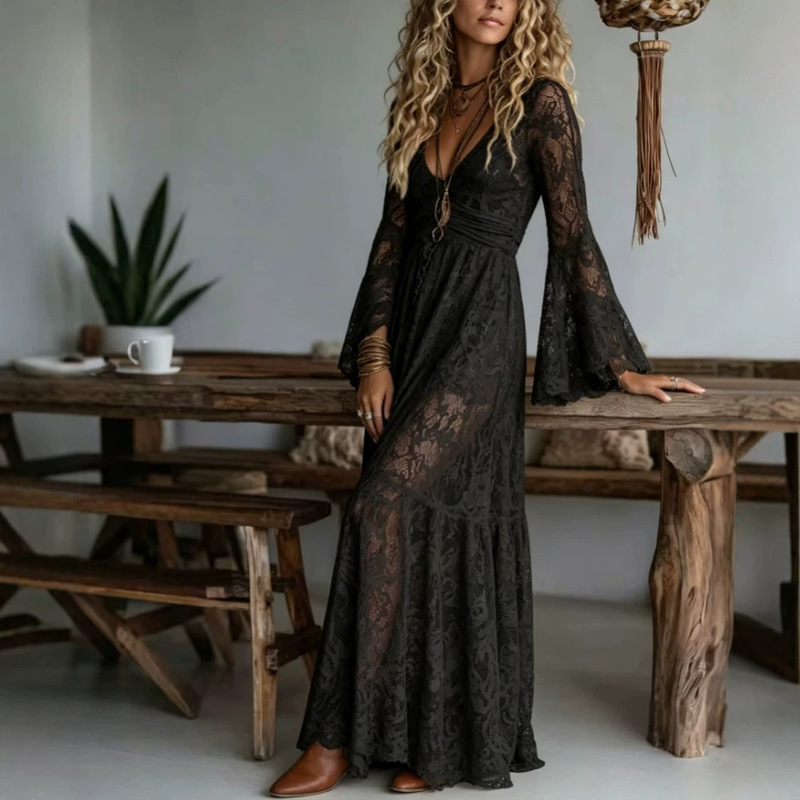 2026 European and American Cross-Border Lace Long-Sleeve V-Neck Bohemian Dress, Elegant and Stylish Long Dress for Vacation, Factory In-Stock