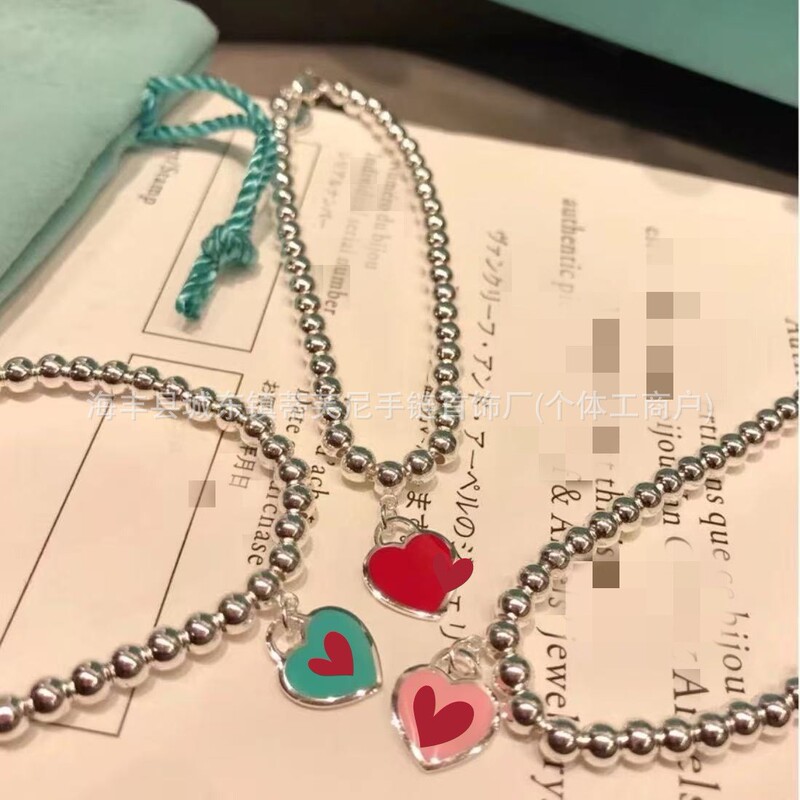 T's High Version V Gold Heart Blue Enamel Bracelet Plated with 18K Gold Buddha Beads Peach Heart-Shaped Bracelet for Men and Women