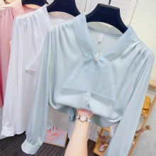 欧根纱蝴蝶结V领醋酸缎面衬衫女春秋季长袖冰丝雪纺打底衬衣上衣