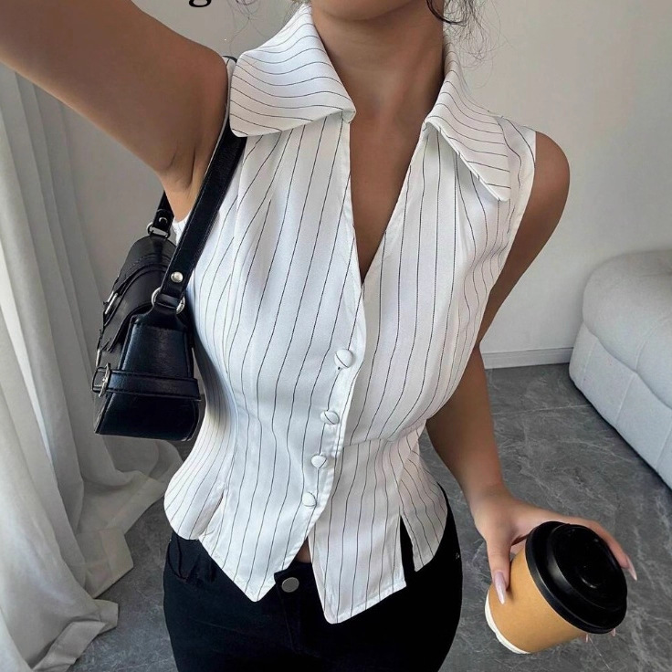 2025 European And American Elegant Fashion Slim Fit Striped Sleeveless Top Shirt_ecoleips.com