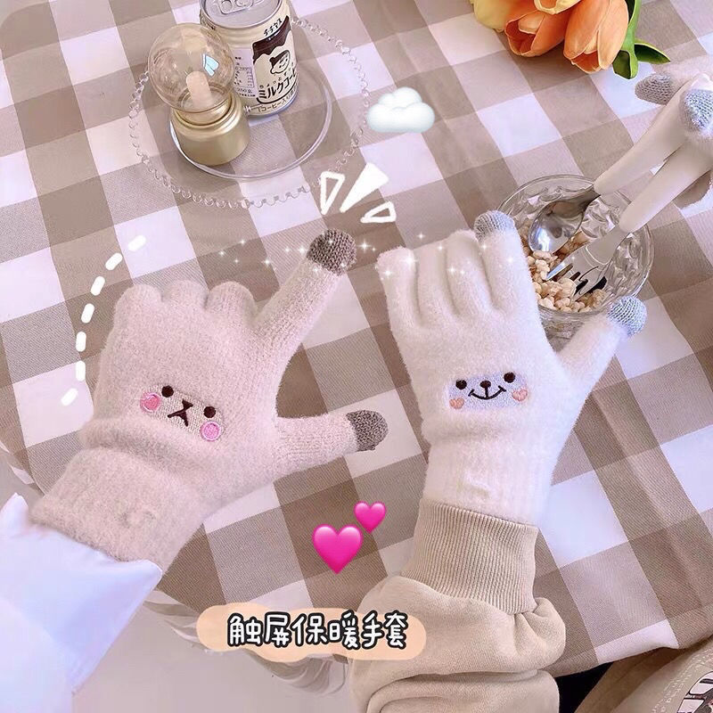 2024 Winter New Product Nylon Mink Velvet Knitted Women's Embroidery Cute Finger Touch Screen Smiling Face Gloves to Keep Warmth and Cold Protection