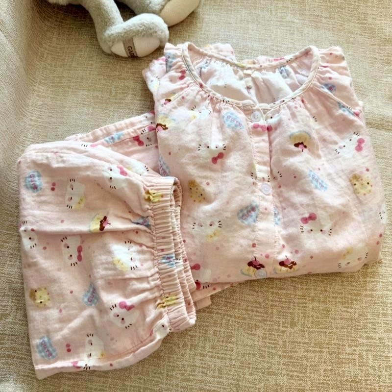 Round Neck Long-Sleeved Long Pants Type a Pure Cotton Double-Layer Gauze Pajamas Pure Cotton Maternity Loungewear Set with Cartoon Print