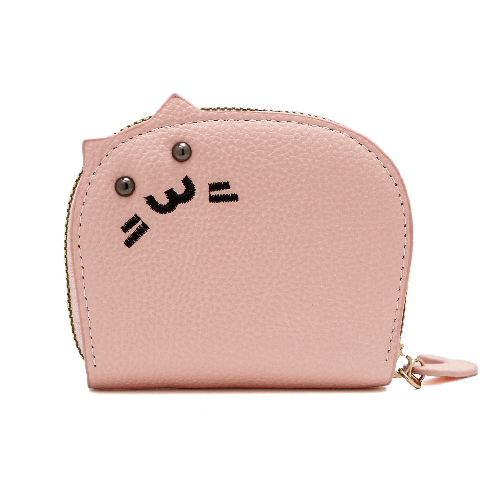 Nueva bolsa de tarjetas de cambio de dama adorable mini red pu litchi dibujos animados gatos bordados multi-tarjeta bolsa de órgano