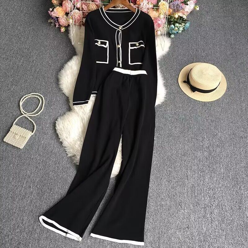Damenbekleidung, modischer, lässiger Strickanzug für Herbst und Winter, langärmeliges Strickjackenoberteil, weite Hose, zweiteiliges Strickset für Damen_voghion.com