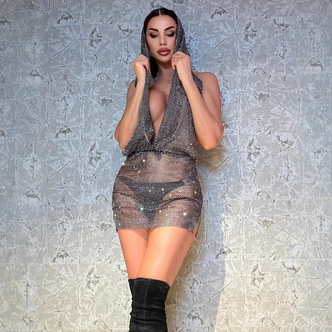 Европейское и американское трансграничное модное тонкое роскошное платье со стразами для ночного клуба для женщин, обтягивающая сексуальная короткая юбка для вечеринок для девочек