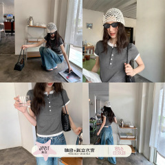 Hello Canon フェイクツーピーススプライシングヘンリーカラー半袖 Tシャツ女性の夏の新しいデザインコントラストカラーコットントップ