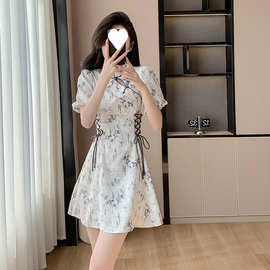H2V水墨画改良旗袍女夏新中式国风盘扣雪纺连衣裙泡泡袖抽绳A字短