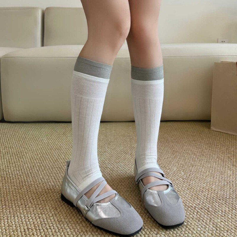 Spring and Summer Sock Sets, Color-Blocked Footless Leg Warmers, Gray Miu-Style Long Socks, Simple Versatile Calf Socks, Pure Cotton