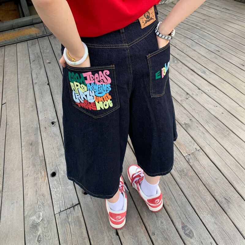American-Style Printed Cropped Jeans for Women, Summer Thin Loose Shorts, Cropped Wide-Leg Pants, Women's Denim Mid-Length Straight Pants American-Style Printed Cropped Jeans for Women, Summer Thin Loose Shorts, Cropped Wide-Leg Pants, Women's Denim Mid-Length Straight Pants