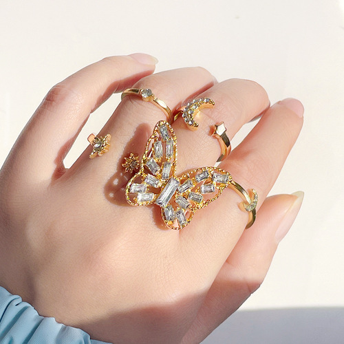 Cross-border best-selling diamond-encrusted large butterfly index finger ring 5-piece set Golden star and moon combination set open ring