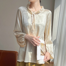 丝滑缎面木耳边立领衬衫长袖女2025年夏季新款纯色宽松套头衬衣