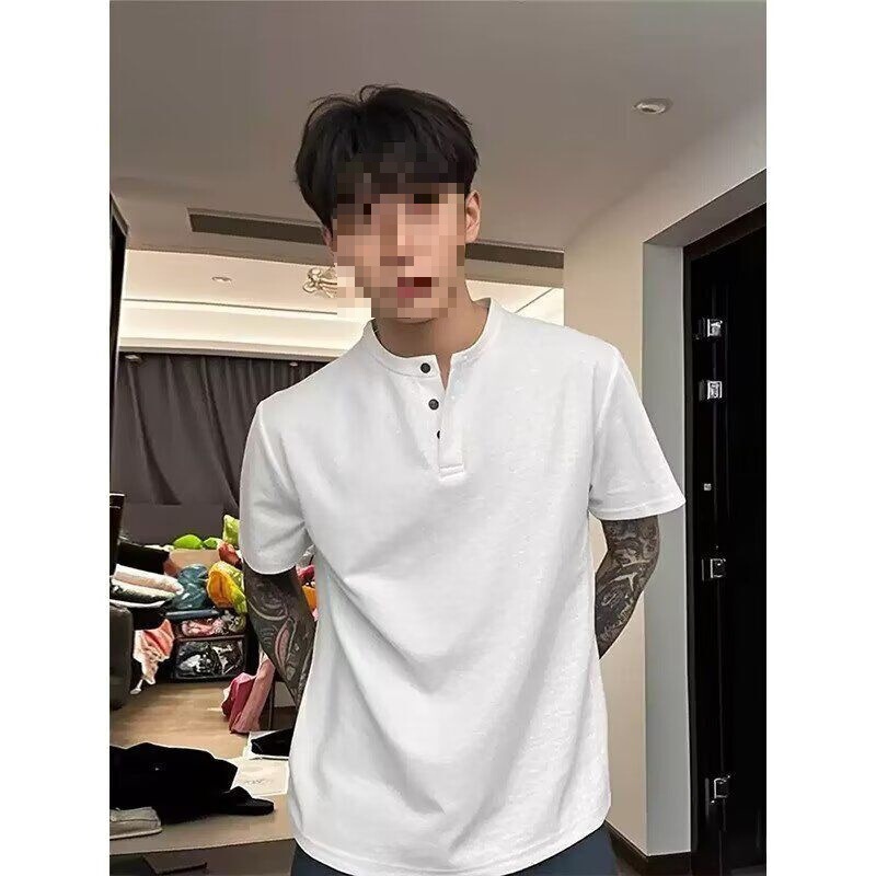 Heavyweight Waffle Knit Henley Collar Short-Sleeve T-Shirt for Men, Spring/Summer American Style Trendy Brand, Loose Casual Half-Sleeve Tee