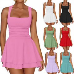 2025 ヨーロッパとアメリカの貿易クロスボーダー婦人服アマゾン人気のスクエアネックウエストプリーツ裾ミニショートドレス