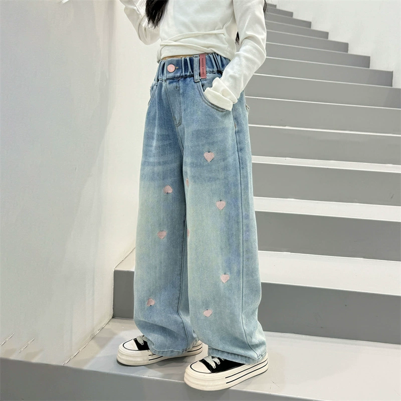 Denim Trousers Teen, Embroidered Hearts, Spring–Autumn Wide-Leg, Sizes 120–170 cm