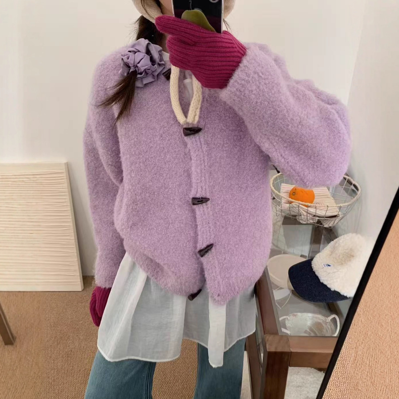 韩系紫色圈圈纱牛角扣针织外套2025新款秋冬小个子宽松毛衣开衫女
