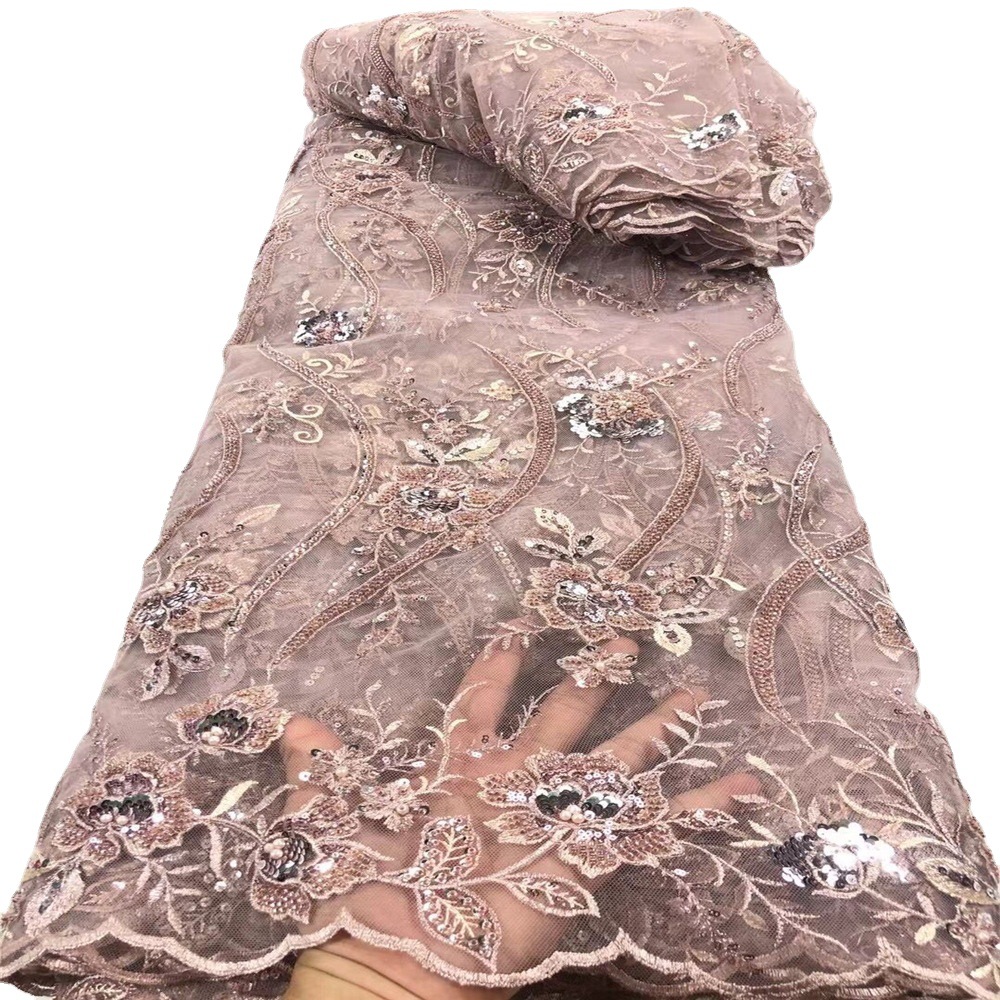新品重工珠子绣花面料宫廷风婚纱礼服时装蕾丝绣花面料立体绣花布