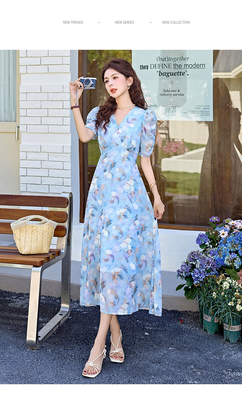 Đầm maxi nữ thắt eo in hoa phong cách mềm mại mùa hè 2025 ME5631 — hoa xanh, hoa hồng tím chi tiết 26