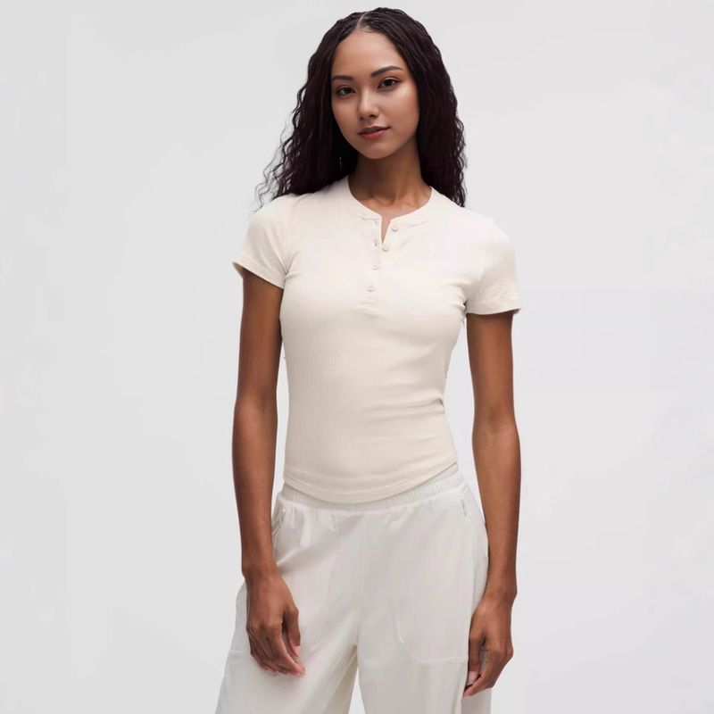 Lulu Fend Henry Short-Sleeved Shirt for Women, Ribbed Knit T-Shirt, Slim-Fit Yoga Wear, Button-Up Sports Summer Base Shirt