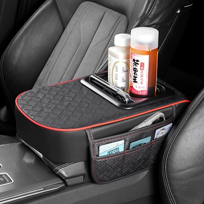 Car armrest box pad booster pad car center armrest tissue box storage bag cup holder integrated armrest box pad (Armrest box pad) - thousand-bird-pattern-black-with-red-edge