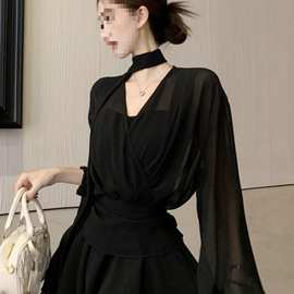 大码法式纯欲风V领长袖衬衫连衣裙女春季胖MM感遮肚显瘦短裙