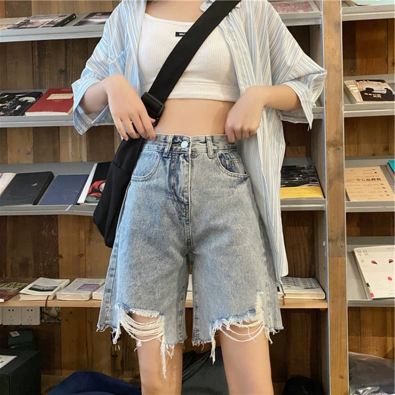 Женские джинсовые шорты больших размеров, корейский стиль, свободные и облегающие, шорты до колена, широкие шорты с высокой талией 100kg