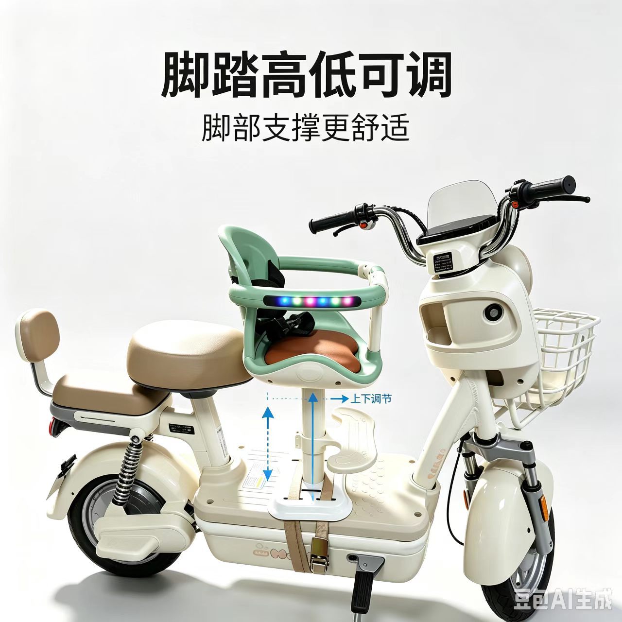 Front-mounted shock-absorbing child seat for electric vehicles, universal safety seat for electric motorcycles, electric tricycles, and battery-powered vehicles