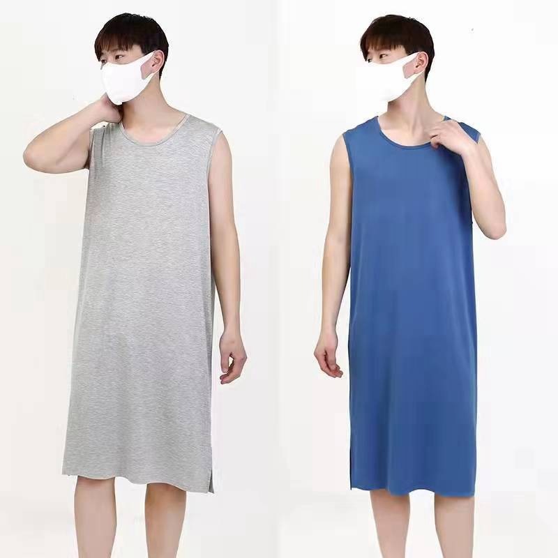 Men's Modal Pajamas Sleeveless Vest Long Simple Nightgown Dress Loose Comfortable Home Clothes Bathrobe