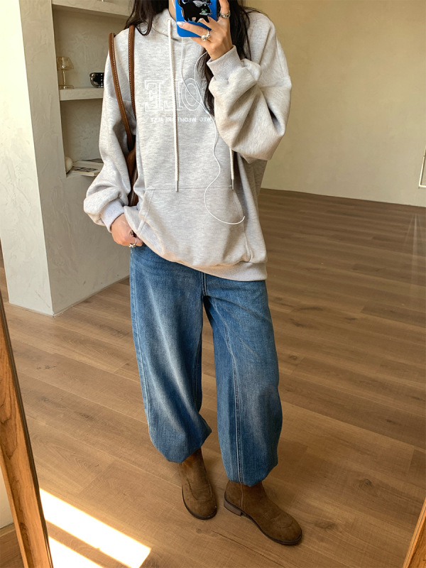 广州黄峥早秋新款套头连帽卫衣女复古灰色小个子宽松外套530878|undefined