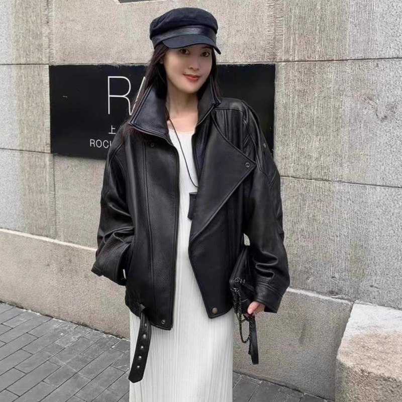 Cross-border wholesale solid-color leather motorcycle jacket, loose-fitting leather jacket, autumn silhouette, double-layer collar, short zip-up jacket for women