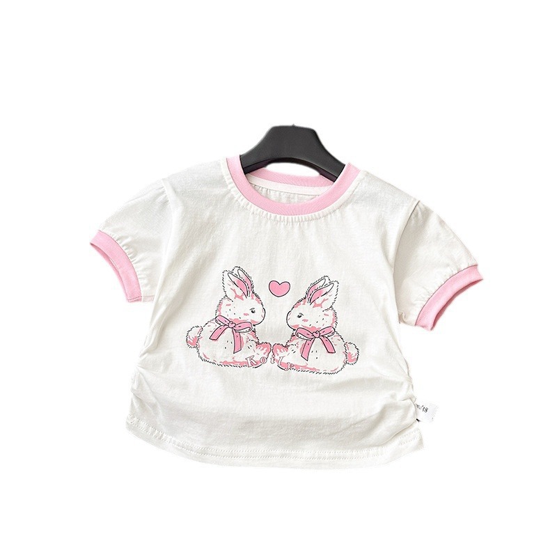 Niña verano cuello redondo manga corta versión coreana nueva camiseta de dibujos animados niña bebé cordón chaqueta de media manga marea linda