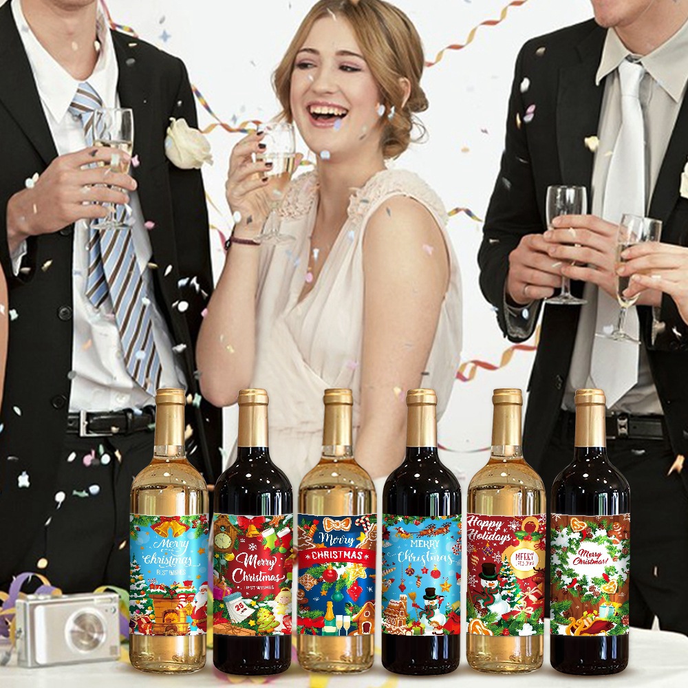Nuevos pegatinas de botella de vino de fiesta de Navidad transfronteriza, pegatinas de etiqueta de botella de vino de Feliz Navidad