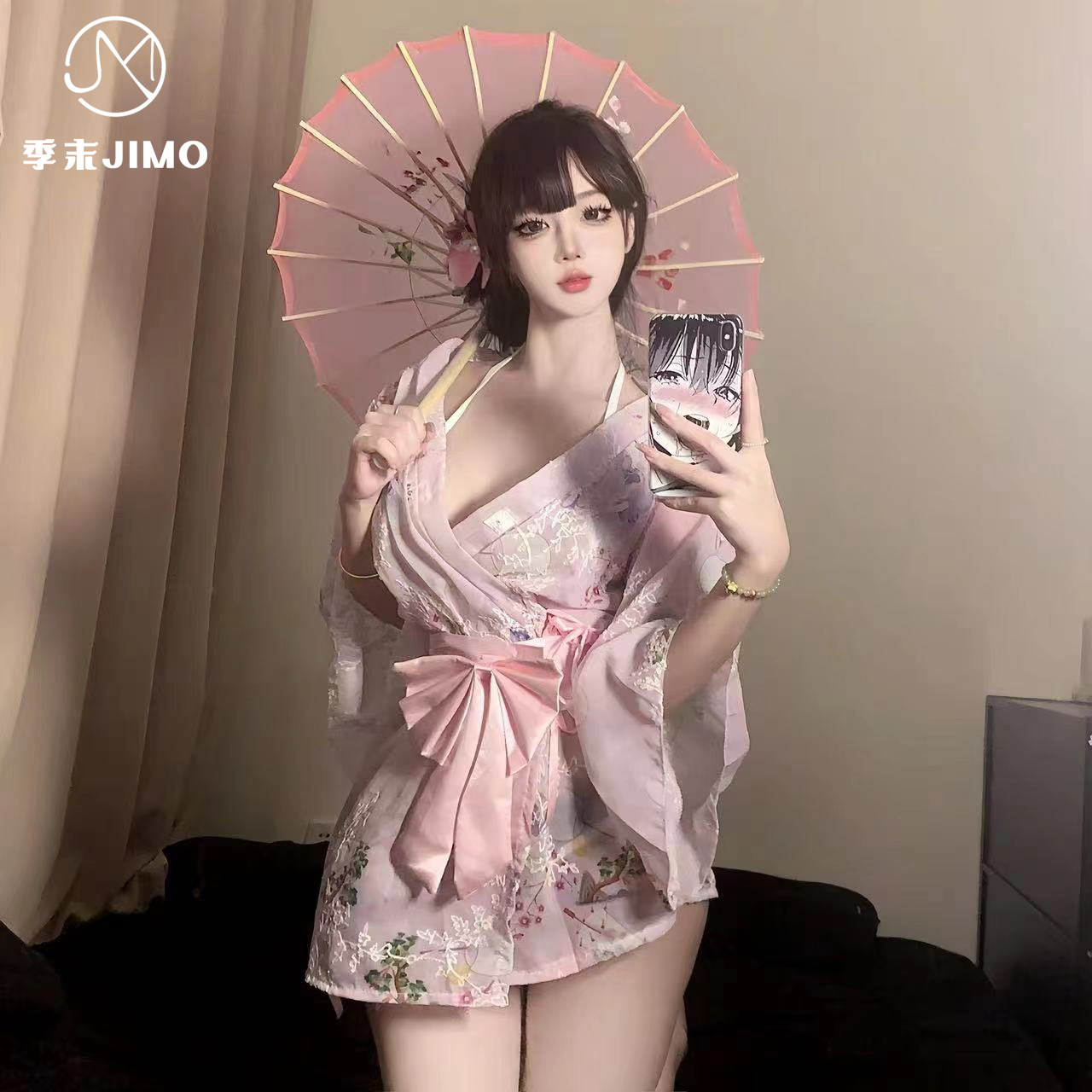 季末情趣内衣套装日式樱花刺绣和服性感睡衣甜美蝴蝶结浴袍女6077