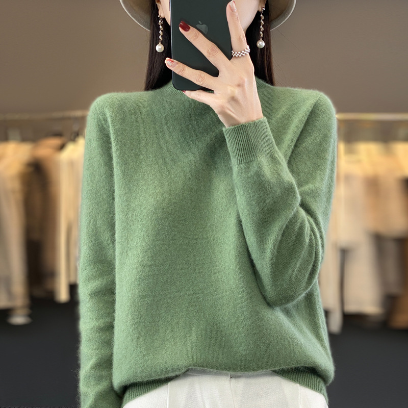 Ropa de primera línea medio cuello alto 100 suéter de lana pura suéter de color sólido de las mujeres camisa de fondo de punto del todo fósforo