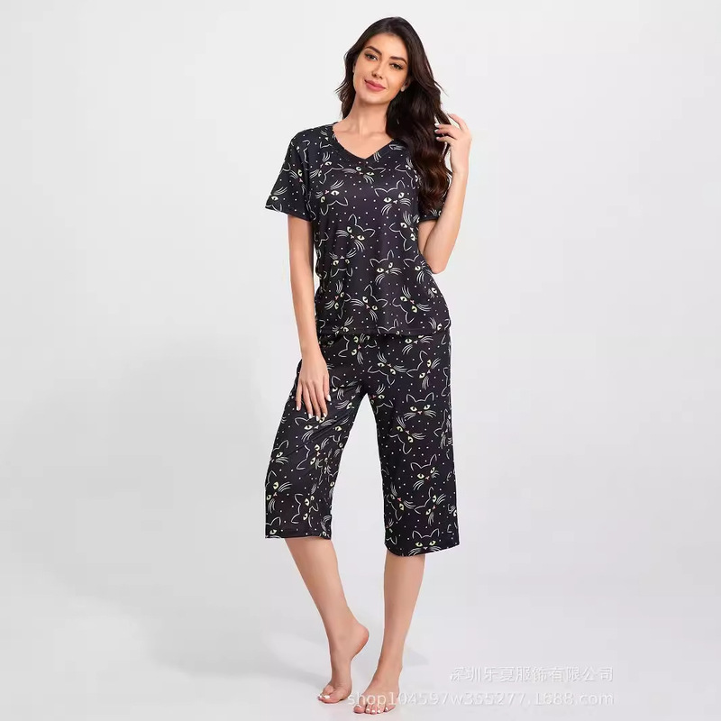 Cross-border Amazon Capri Cute Full-body Cat Print Pajamas Short-sleeved Women's Capri suit Home Clothes