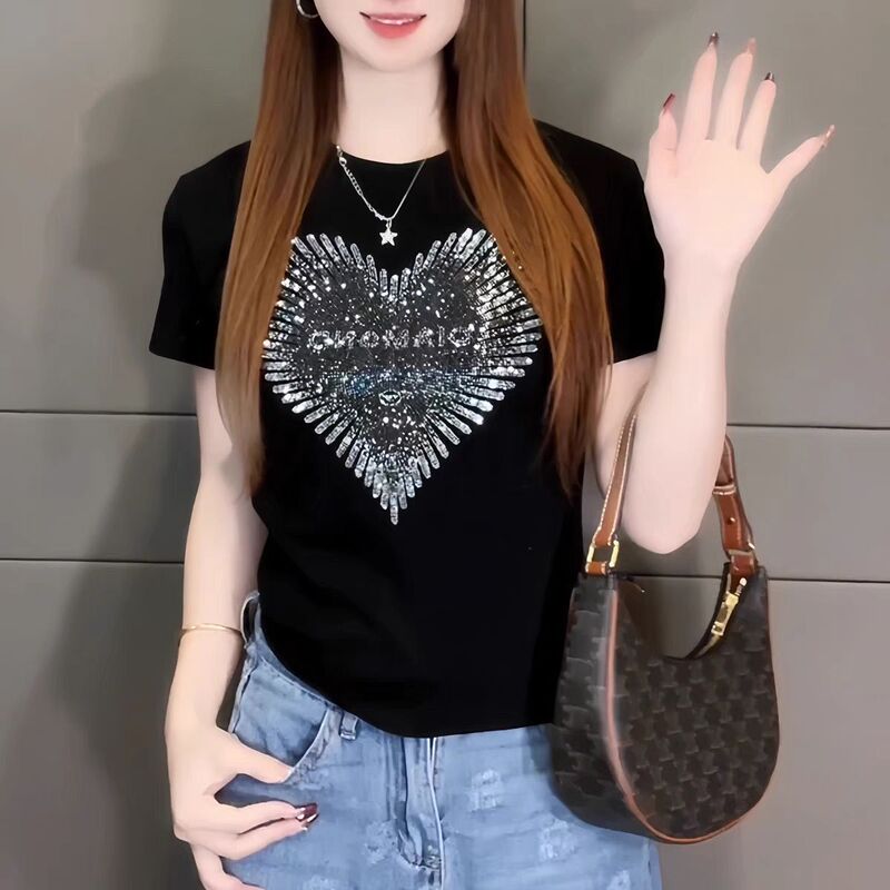 Summer New Style T-Shirt, Plus-Size Mom Style with Rhinestone Letters, European Style, Stylish Shoulder Design, Simple Short-Sleeve, Tummy-Covering, Suitable for Spring and Summer Summer New Style T-Shirt, Plus-Size Mom Style with Rhinestone Letters, European Style, Stylish Shoulder Design, Simple Short-Sleeve, Tummy-Covering, Suitable for Spring and Summer