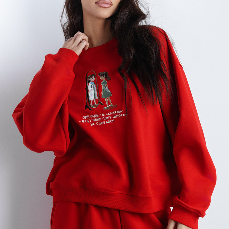 欧美跨境女装2025秋冬新款时尚圆领字母卡通刺绣百搭长袖卫衣上衣|undefined