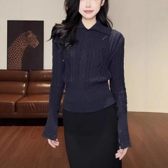翻领麻花下摆收腰显瘦百搭针织衫上衣毛衣女半身裙子套装秋款新