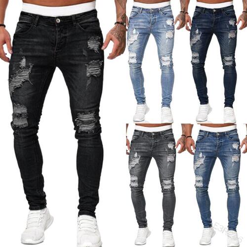 New Arrival: AliExpress, Amazon, and Wish Hot-Selling Men's Slim-Fit Denim Jeans with Ripped Holes and Badge Details—European and American Style