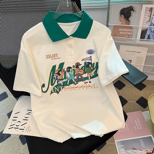 Trendy polo shirt short-sleeve boys' summer loose embroidery heavy-duty solid color T-shirt college style color-block half-sleeve T-shirt
